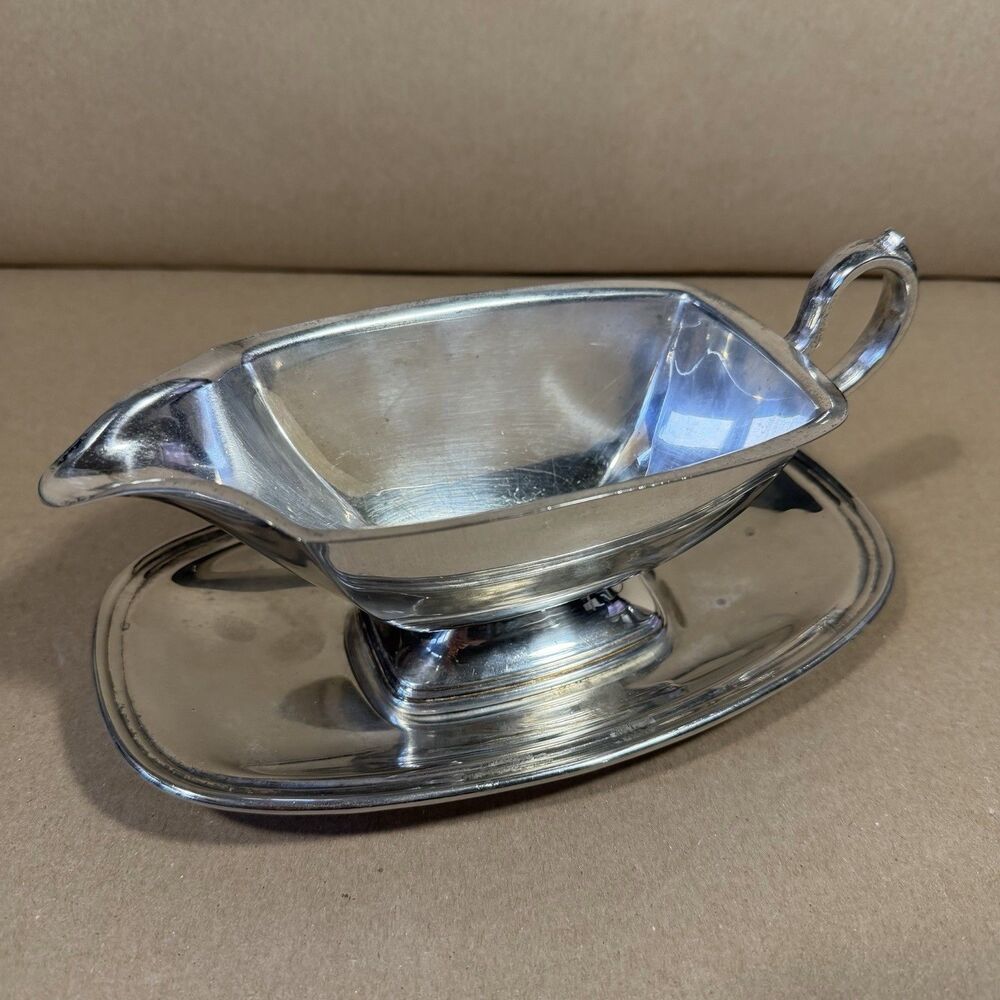 Art Deco Gravy Boat w/ Underplate Silver Plate Stix, Baer & Fuller Dept Store